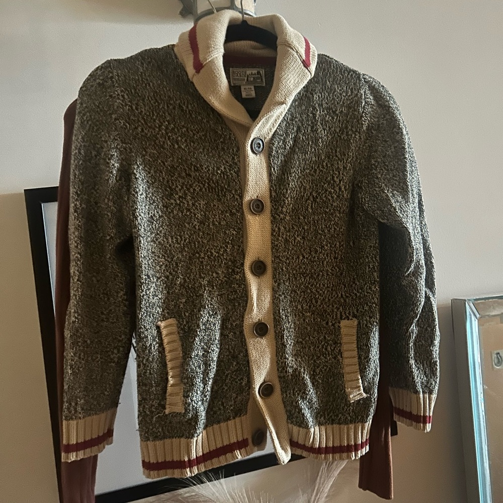 Grey Sweater with Red and White Trim - Boys XL / fits Small woman